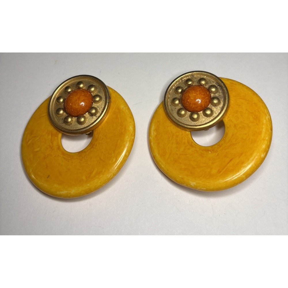 Vintage Tested Bakelite Earrings Mustard Yellow Orange Mod Statement Clips